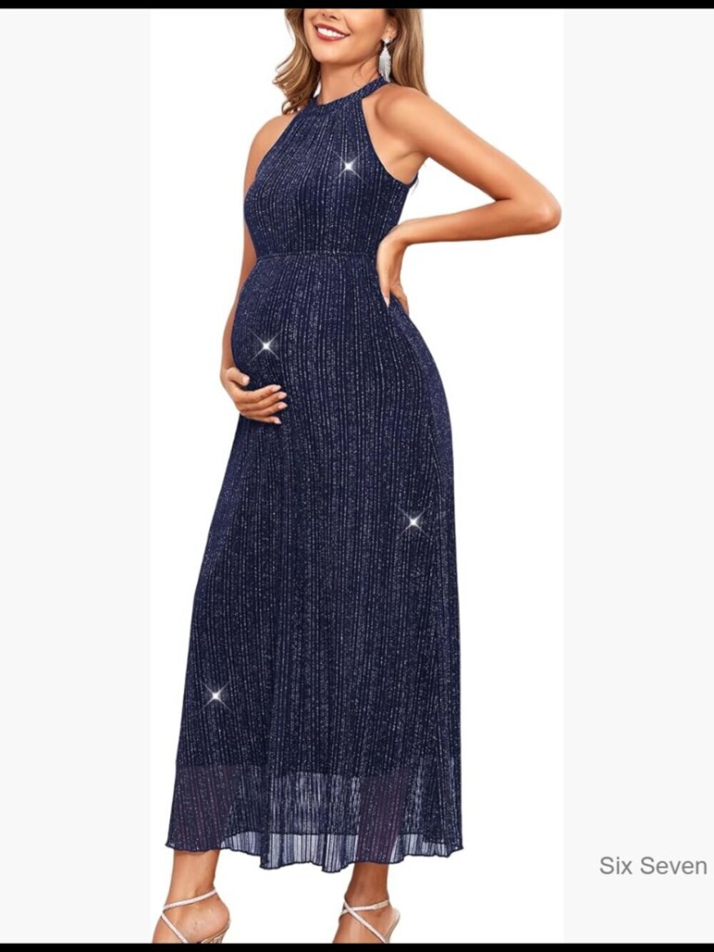 Sparkly Mesh Halter Neck Maternity Dress for Baby Shower & Photoshoot